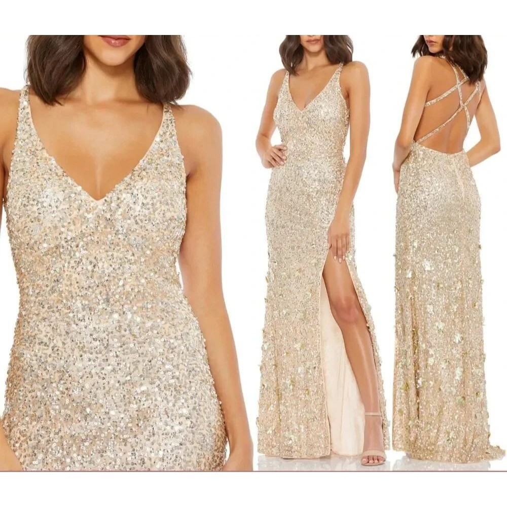 Mac Duggal 93800 Nude Gold Sequin Cross Back Floral Bottom Gown Size 2 NWT